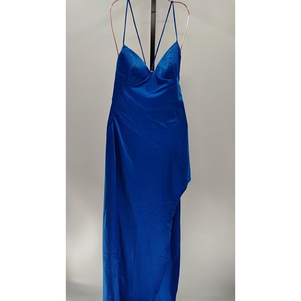 Electric Blue Satin Dress With Thigh Slit And Lace Up Back